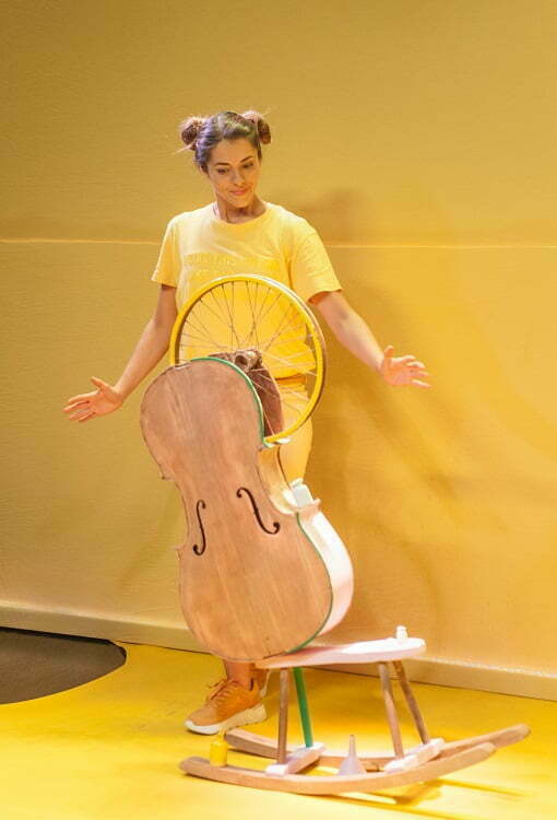 Zdjęcie ze spektaklu Radość. Ubrana na żółto aktorka, na tle żółtej ściany, spogląda na korpus wiolonczeli, do którego przymocowane jest od góry żółte koło ze szprychami.