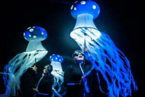 Obejrzyj zdjęcie w powiększeniu -  Photo from the show. Against a black background, you can see three illuminated jellyfish with long, dancing tails.