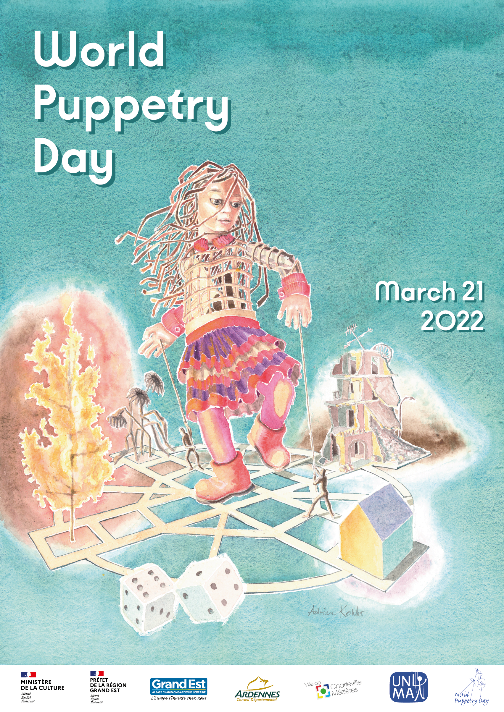 Światowy Dzień Lalkarstwa - marzec 20. Plakat przedstawia gigantyczną „Małą Amal”, gdy przechodzi przez horyzont.. Dziewczynka w spódnicy ma u swych stóp dom, drzewo, kostki do gry