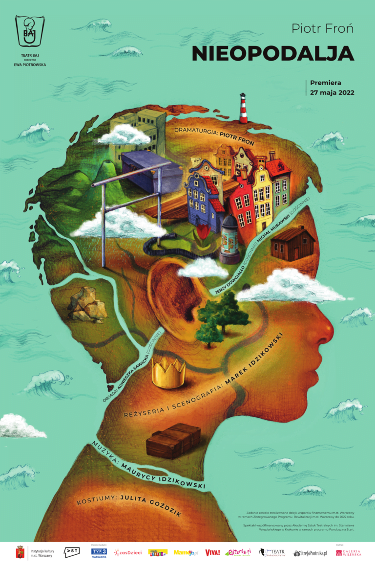 Plakat do spektaklu pt. Nieopodalja przedstawia postać - twarz dziecięcą profilem na której jest wiele elementów takich jak chmury, drzewa, korona, wulkan, walizka, kufer, kamienice, drewniana chatka.