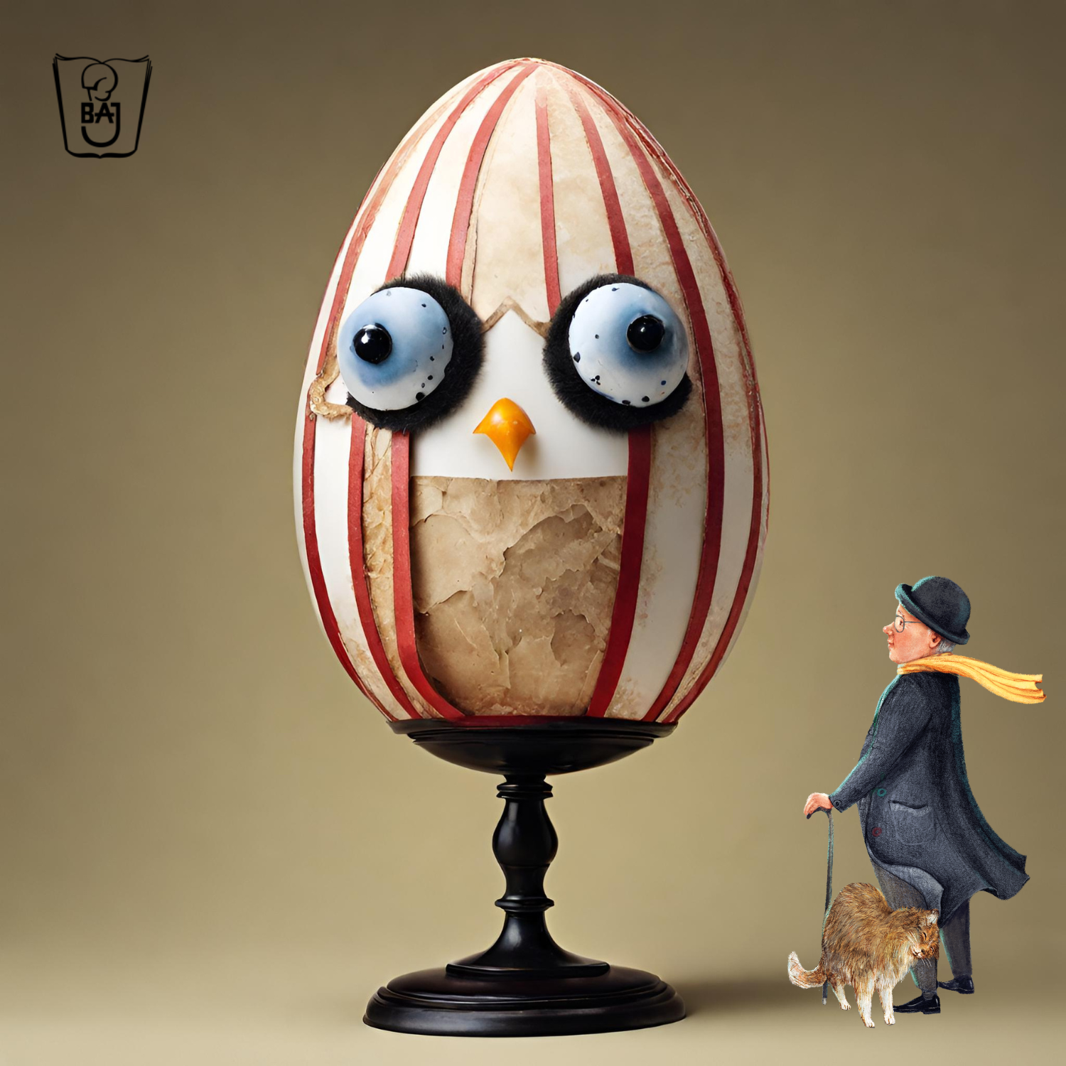 Grafika świateczna. Postać jajka z dużymi oczami, w teatralnym fraku. Na wielkie jajko patrzy starszy Pan (Pan Baj) który spaceruje z kotem.