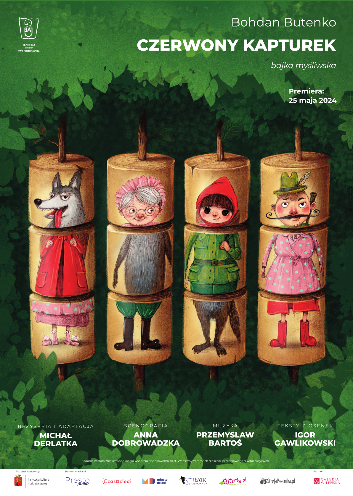 Plakat do spektaklu pt. Czerwony Kapturek, przedstawia 4 bohaterów wilka, babcię, czerwonego kapturka i myśliwego na drewnianych klockach z możliwością ich zamiany